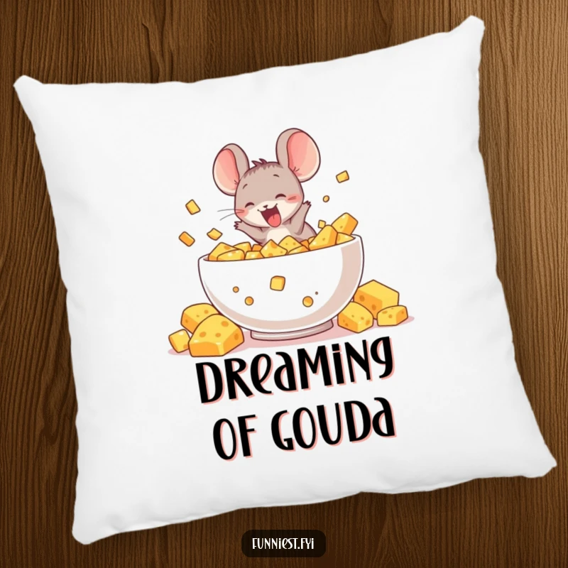 Funny pillow featuring a delighted mouse character diving headfirst into a massive, overflowing bowl of cheese, adding a splash of humorous joy to any decor.