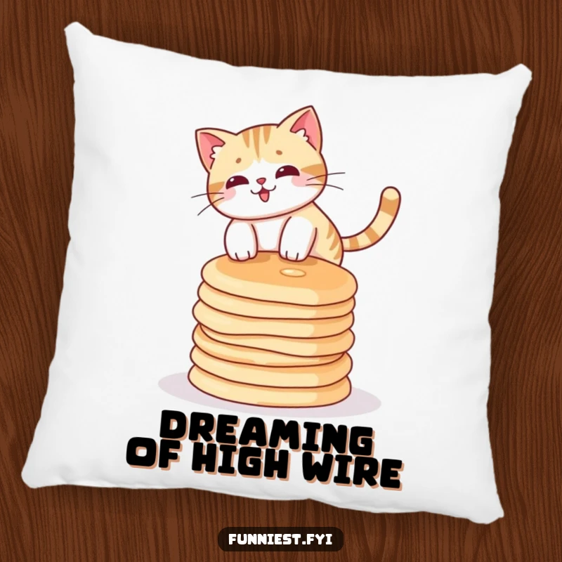 Funny cat character precariously balancing on a stack of pancakes, depicted on a soft, decorative pillow.