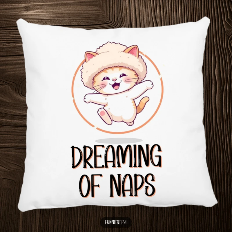 Funny Pillow showcasing a delighted cat wearing a big plush hat, captured mid-leap through a sparkling hoop.