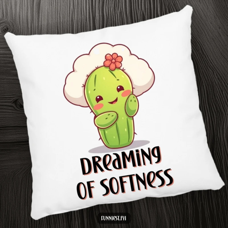Funny pillow with a smiling cactus character attempting to hug a fluffy cloud. A soft, charming, and humorous decorative item for any space.