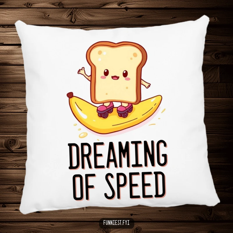 Funny decorative pillow depicting toast in roller skates about to hit a banana peel, soft and witty.