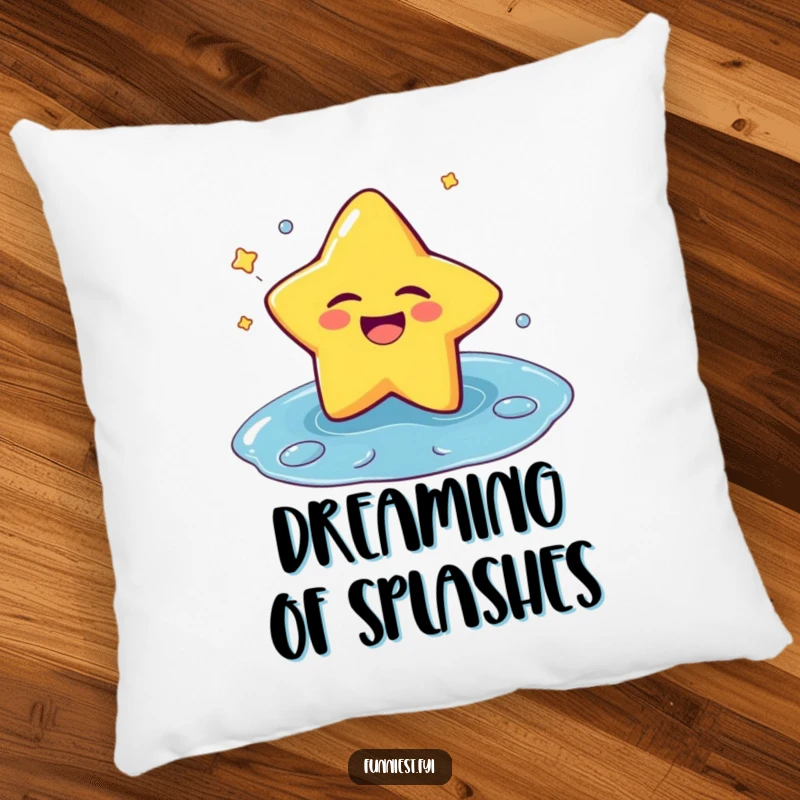 Funny pillow with a laughing star winking as it splashes into a puddle, offering humorous comfort and a soft place for dreams.