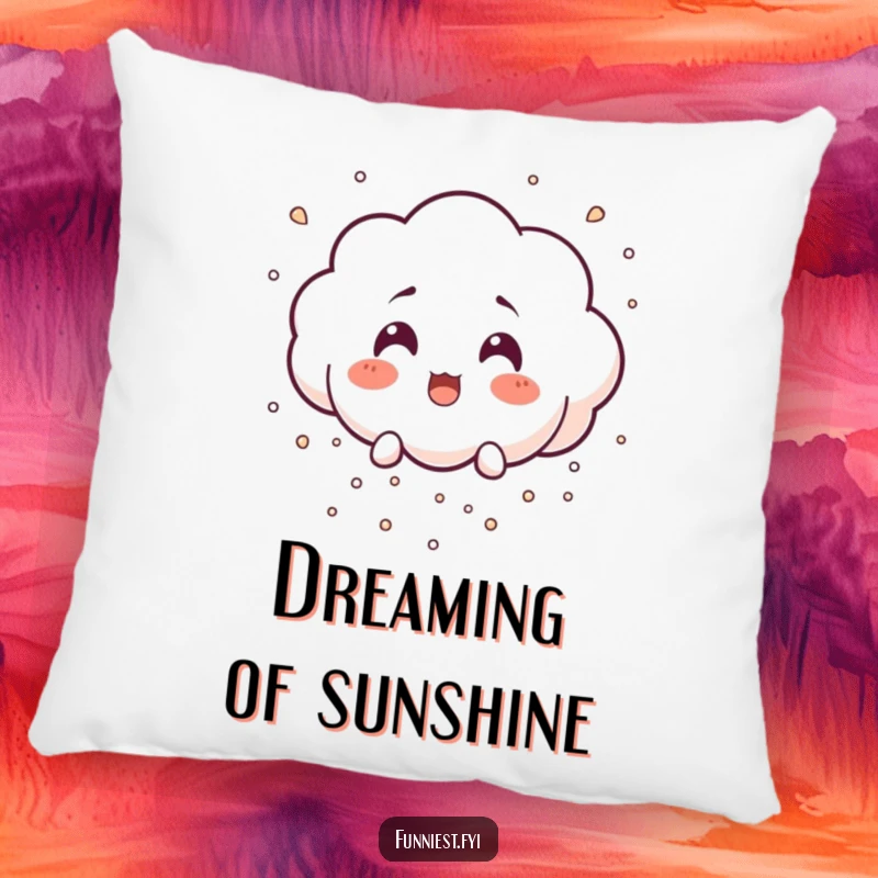 Funny surprised little cloud character raining tiny laughter particles, a soft and funny pillow for comfort.