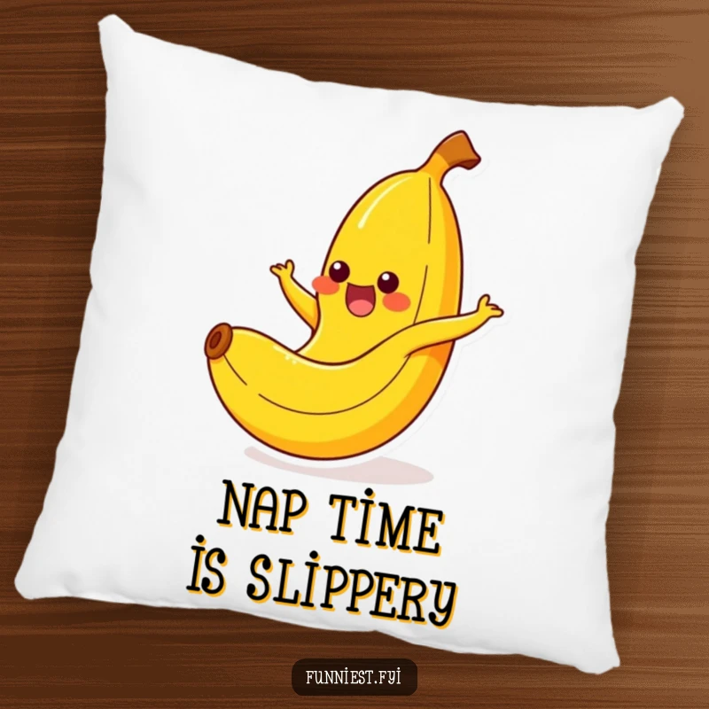 Funny banana character yelping happily while slipping on its peel, a soft and funny pillow for comfort.