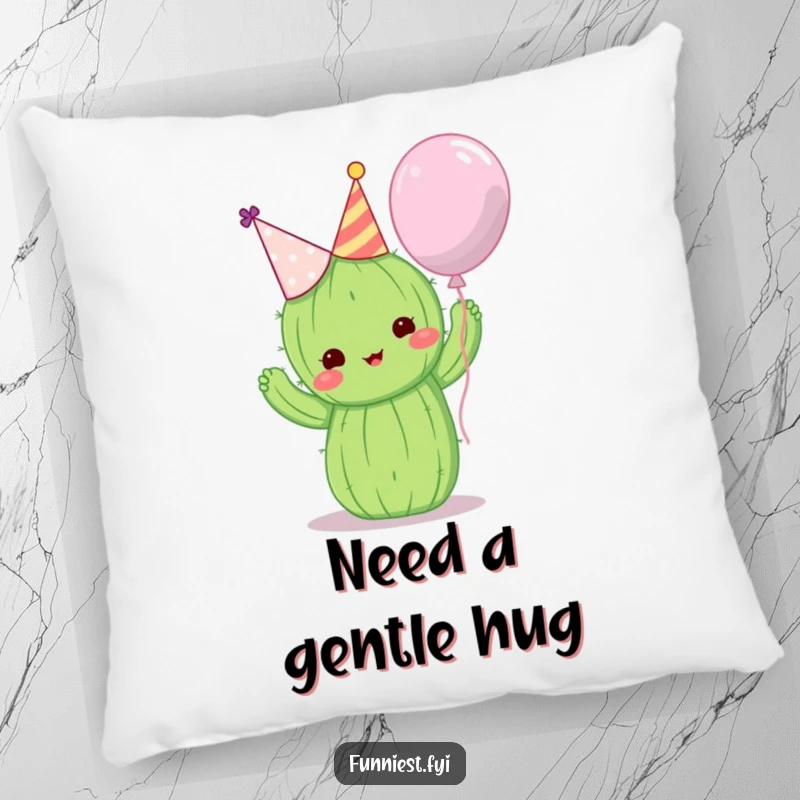Funny decorative pillow showing a cute cactus in a party hat attempting to hug a balloon, soft and witty.