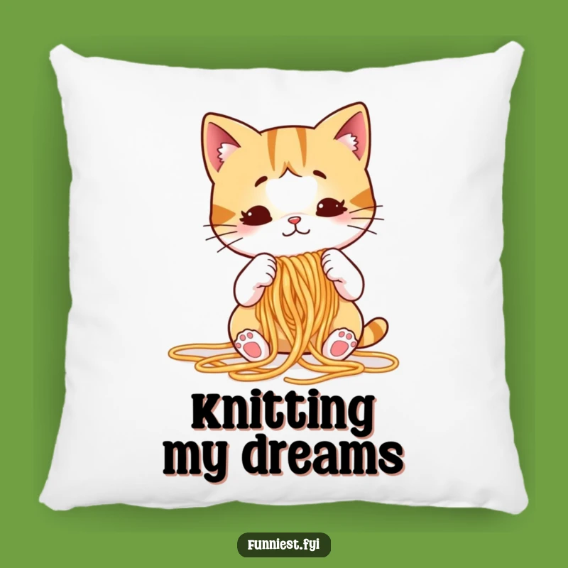Funny Cat Knitting Spaghetti Pillow, Puzzled Feline Comfort, Whimsical Accent Pillow