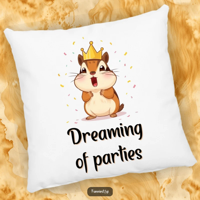 Funny surprised chipmunk wearing a tiny crown, showered with tiny confetti, a soft and humorous decorative pillow.