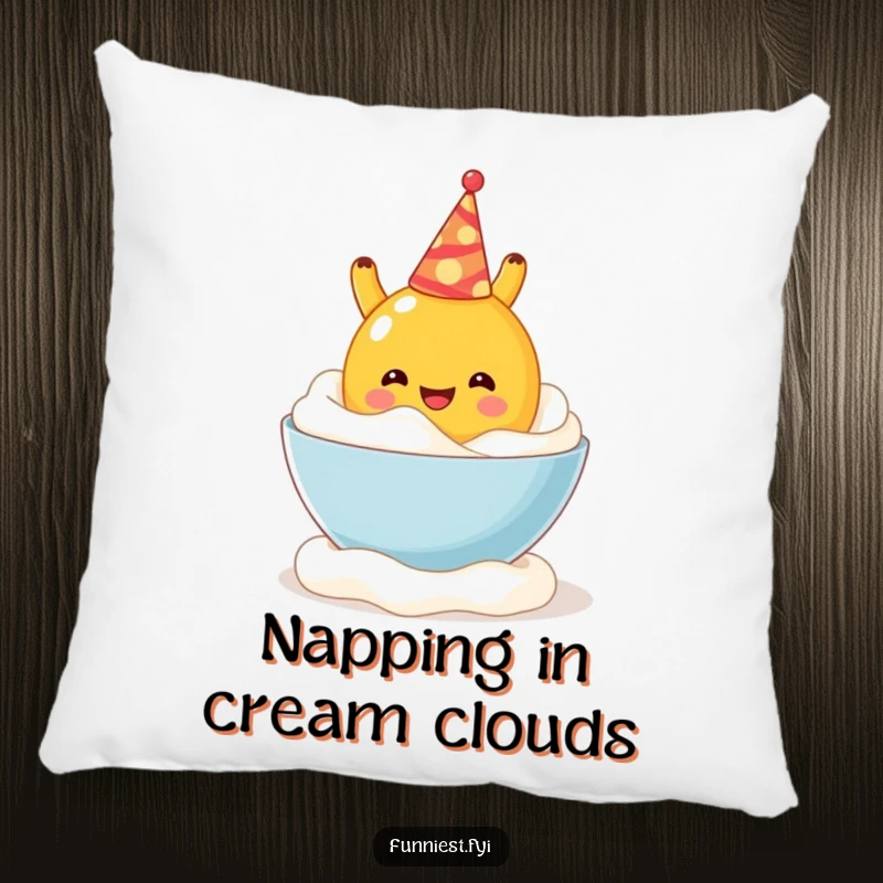 Funny pillow showcasing a cheerful fruit character with a party hat taking a wild dive into a fluffy bowl of whipped cream.