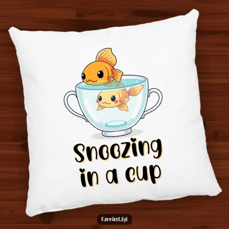 Funny determined goldfish character in a giant teacup, a soft and humorous decorative pillow for motivation.