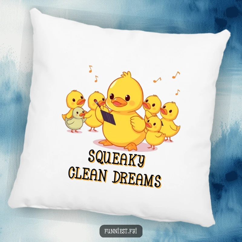 Funny shy rubber ducky conducting a squeaky orchestra on a pillow, offering comfort and quiet amusement.
