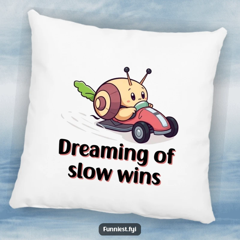 Funny pillow featuring a determined snail character racing a tiny toy car towards a lettuce leaf, adding a touch of humorous motivation to any decor.