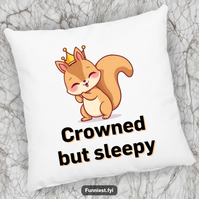 Funny pillow with a mischievous squirrel character comically wearing a tiny crown backward, adding a touch of regal silliness.