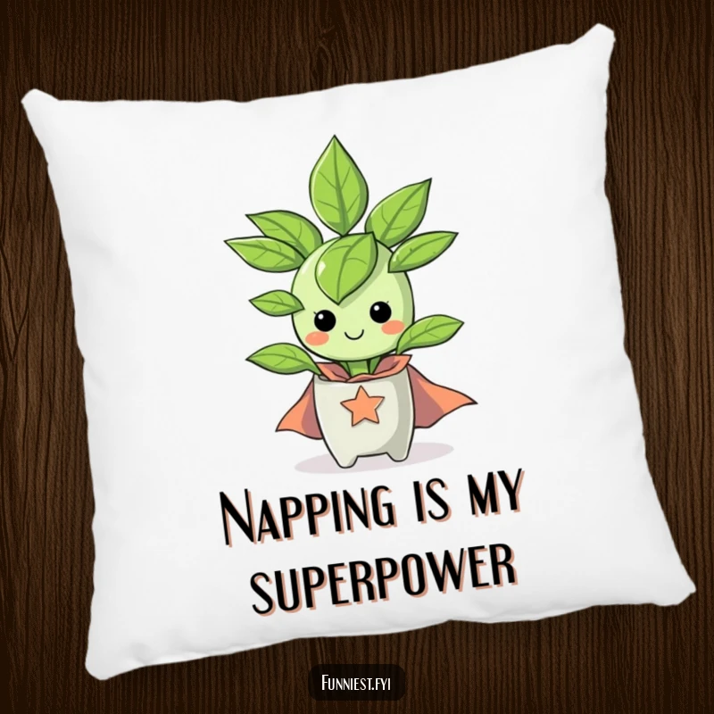 Funny happy houseplant wearing a tiny superhero cape on a pillow, offering comfort and heroic inspiration.