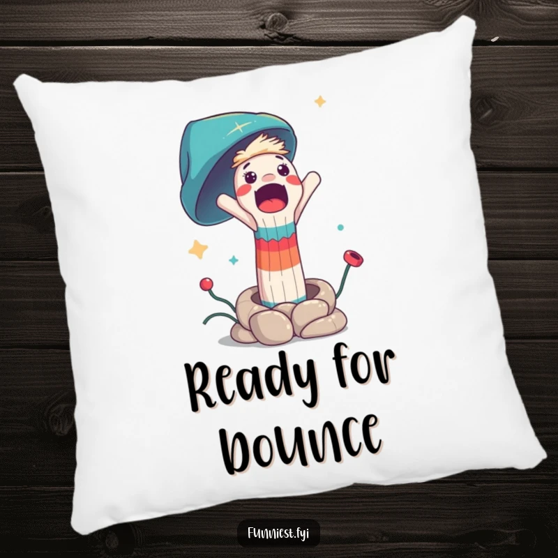 Funny pillow showcasing a surprised sock puppet character in mid-air after being launched from a spring, providing humorous comfort.