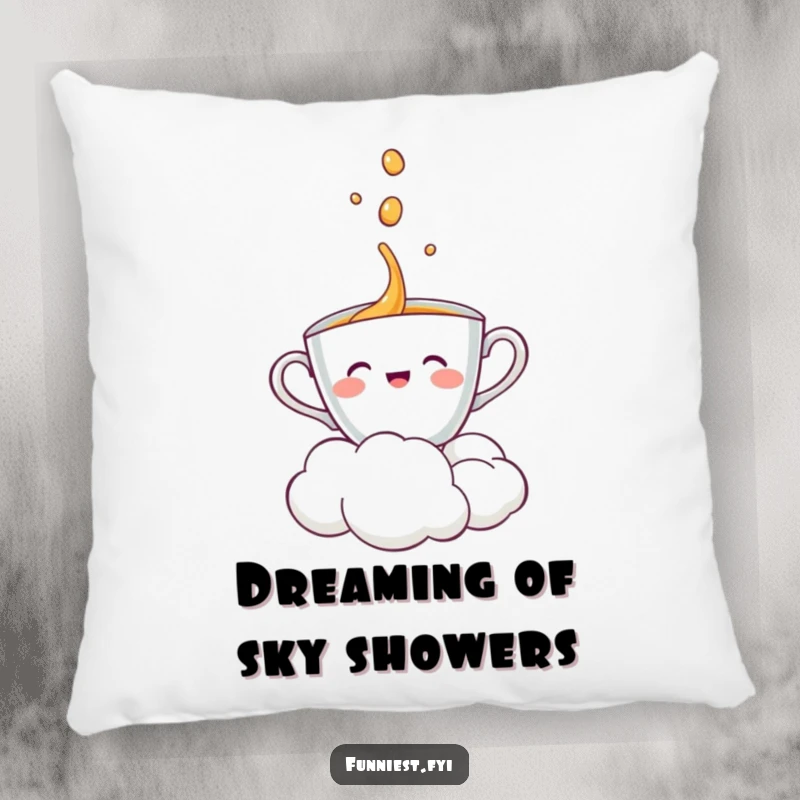 Funny, smiling teacup character being watered by a happy cloud, soft and decorative pillow.