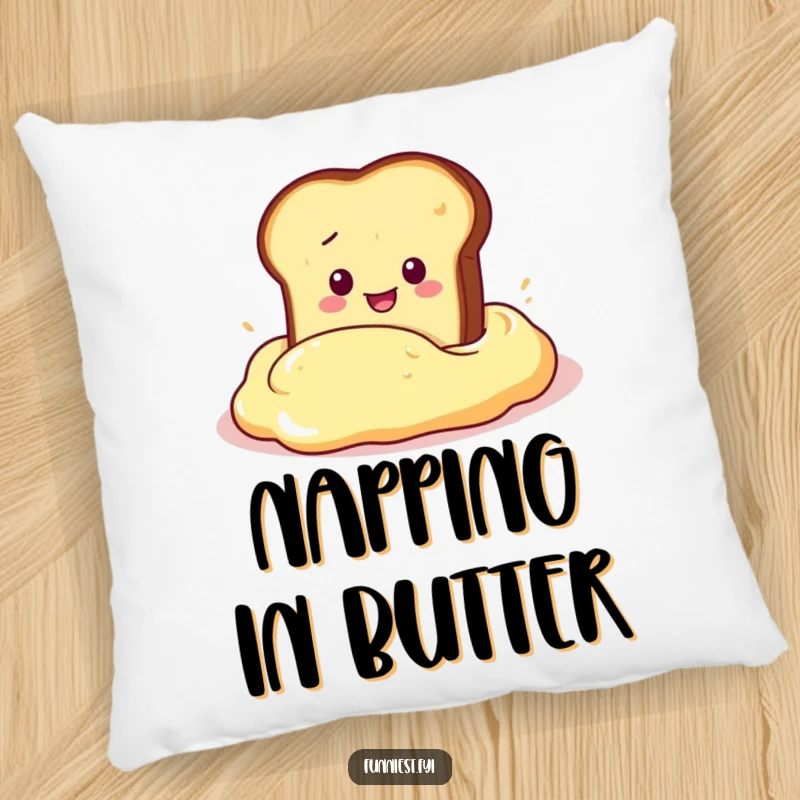 Funny Pillow depicting a slice of toast character mid-dive into a huge butter dollop, offering comfort and a humorous touch.