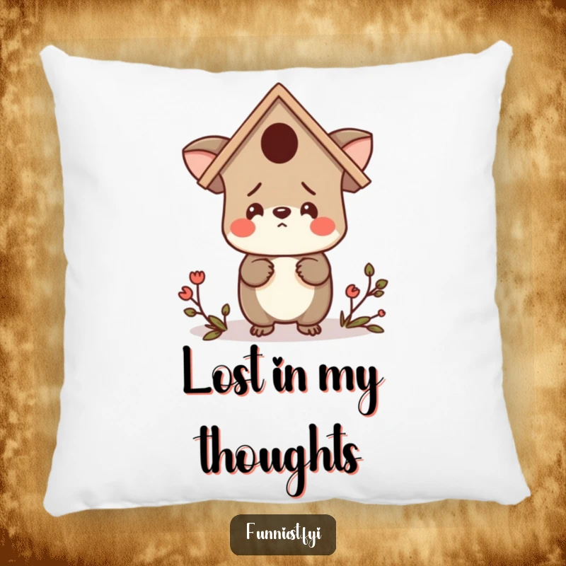 Funny pillow showcasing a confused animal character wearing a birdhouse as a hat, looking around lost, perfect for snuggly laughs.