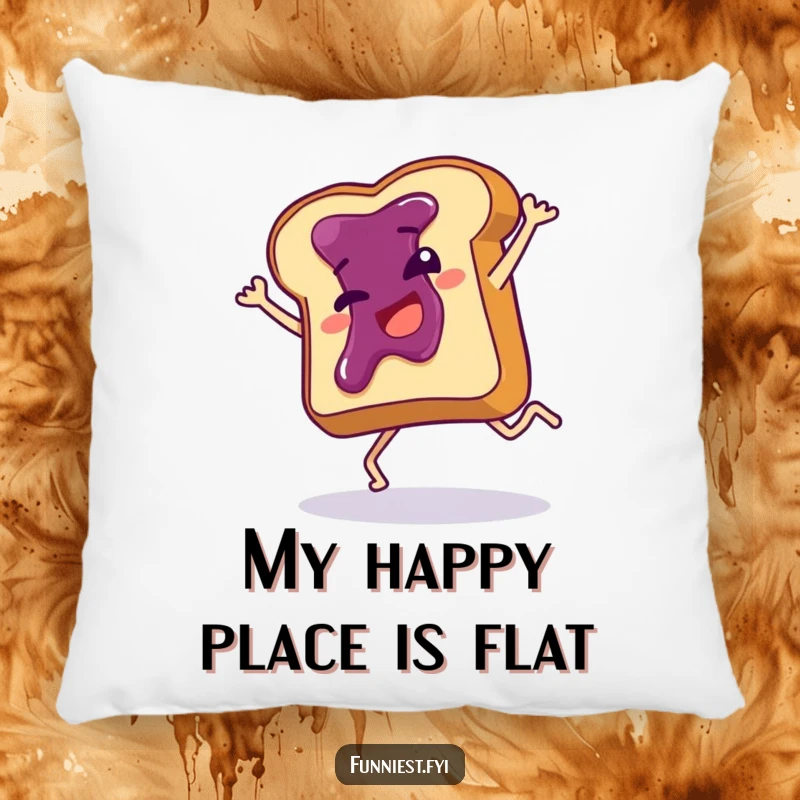 Funny pillow with a giggling toast slice and jam, performing a clumsy cartwheel, perfect for adding comfort and humor to decor.