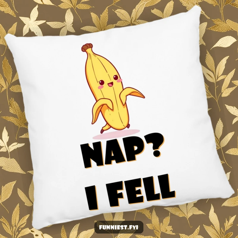 Funny pillow featuring a banana peel character comically slipping and falling, perfect for adding a touch of slapstick to decor.