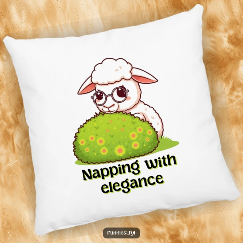 Funny sheep pillow, a sheep with a monocle observes a perfectly groomed bush with smug satisfaction.