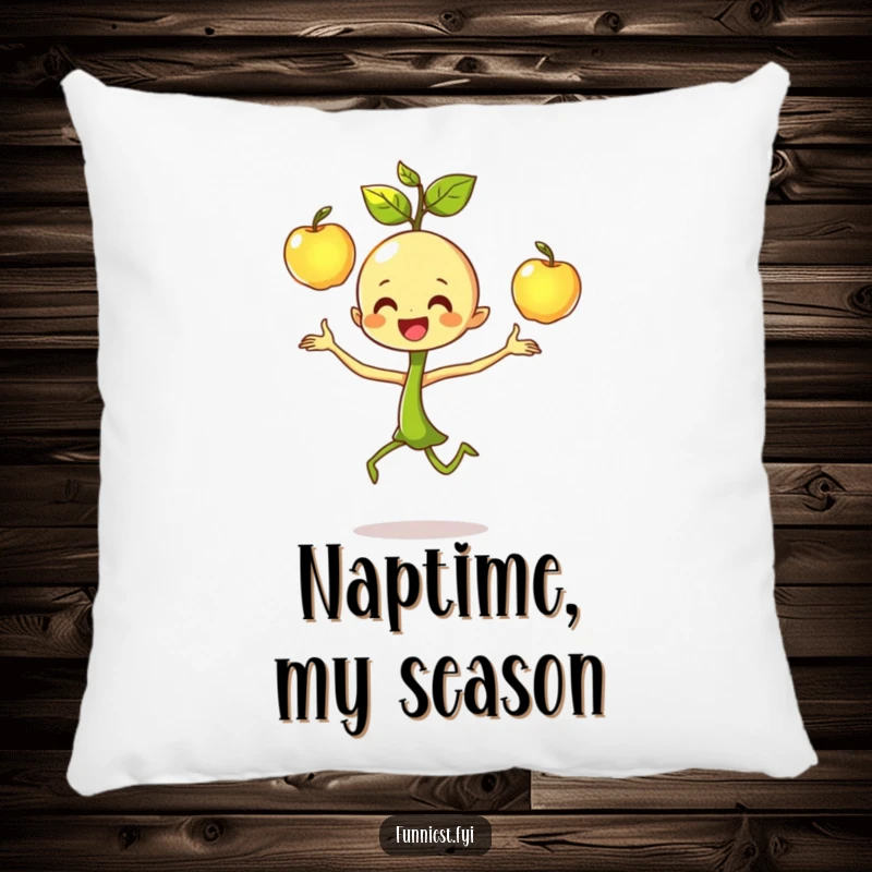 Funny dancing sprout character pillow, happily juggling three shiny apples with focused joy, adding a touch of vibrant fun.