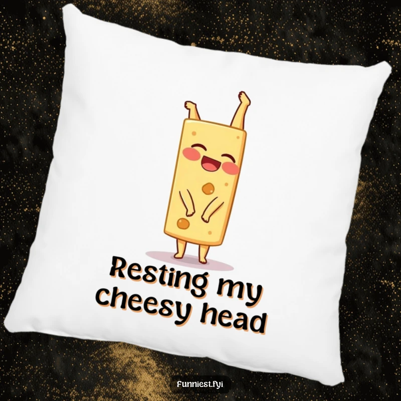 A soft pillow featuring a funny giggling cheese wedge character attempting a handstand, exuding playful charm.