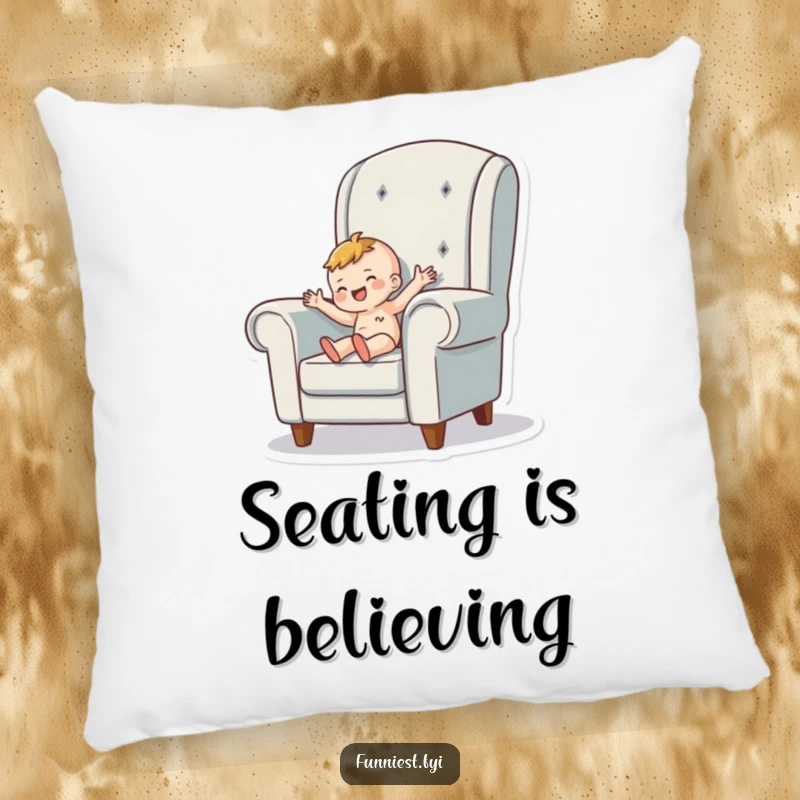 Funny Pillow featuring a tiny person character happily wiggling inside a giant armchair, offering comfort and a humorous touch.