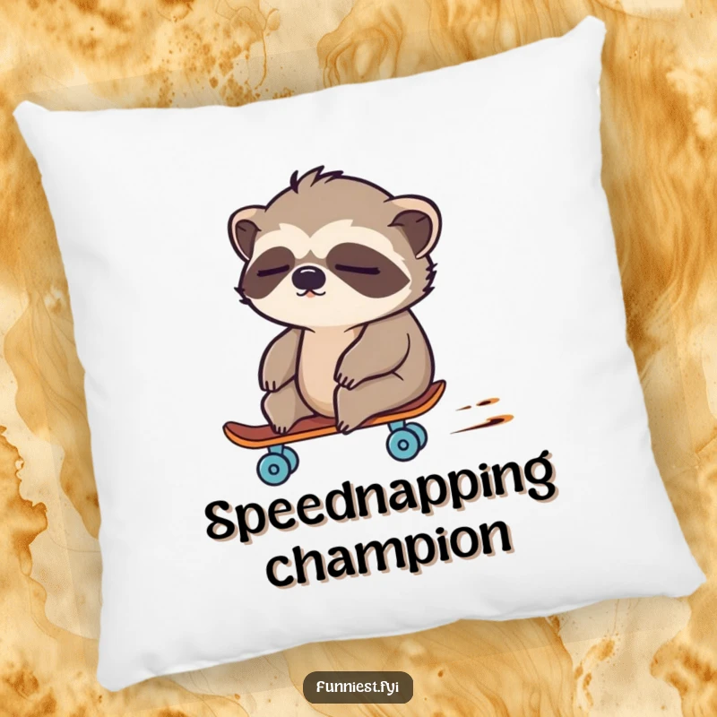 Funny sloth character appearing to speed on a tiny skateboard, soft and decorative pillow design.