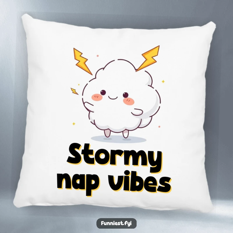 Funny juggling cloud pillow featuring a fluffy cloud character happily juggling lightning bolts, perfect for cozy, energetic, and funny gifts.