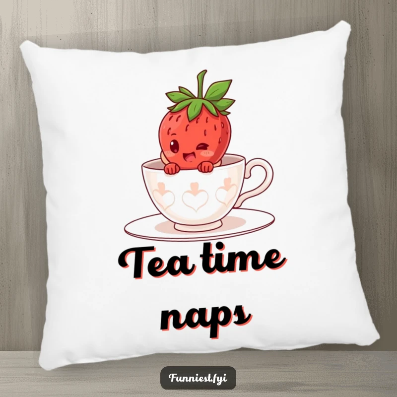 Funny giggling strawberry character pillow, hiding inside a giant teacup costume, peeking out with a cheerful giggle.