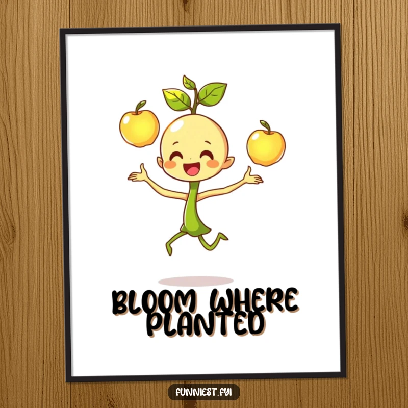 Funny dancing sprout character digital art print, joyfully juggling three shiny apples with intense focus and a cheerful expression.