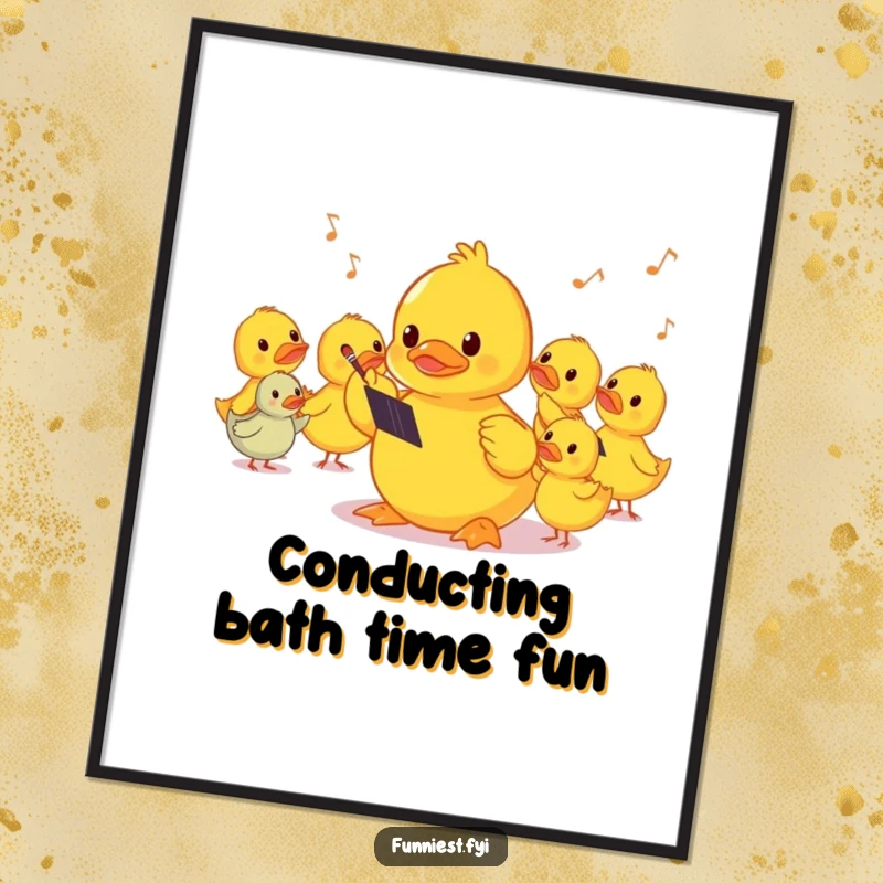 Funny shy rubber ducky conducting a squeaky orchestra, available as a digital art print for charming, humorous decor.