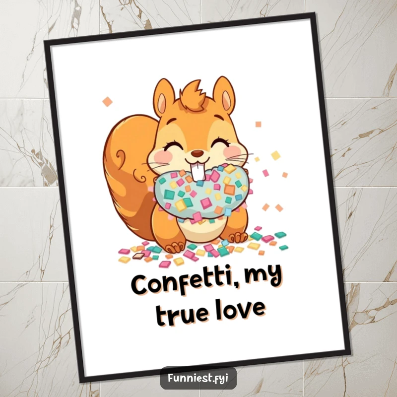 Funny mischievous squirrel with bulging cheeks filled with confetti, available as a digital art print for instant humorous decor.