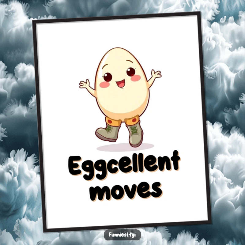 Funny egg digital art print of a cheerful cartoon egg character doing a clumsy jig in oversized boots, offering instant humorous decor.