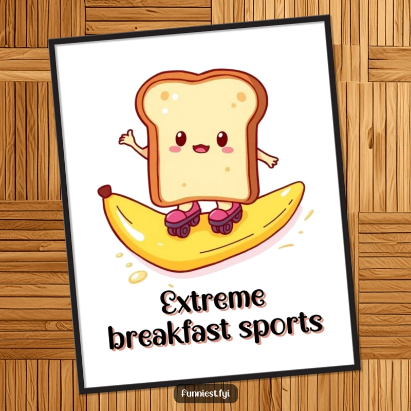 Funny digital art print of toast on roller skates about to slip on a banana peel, breakfast theme.