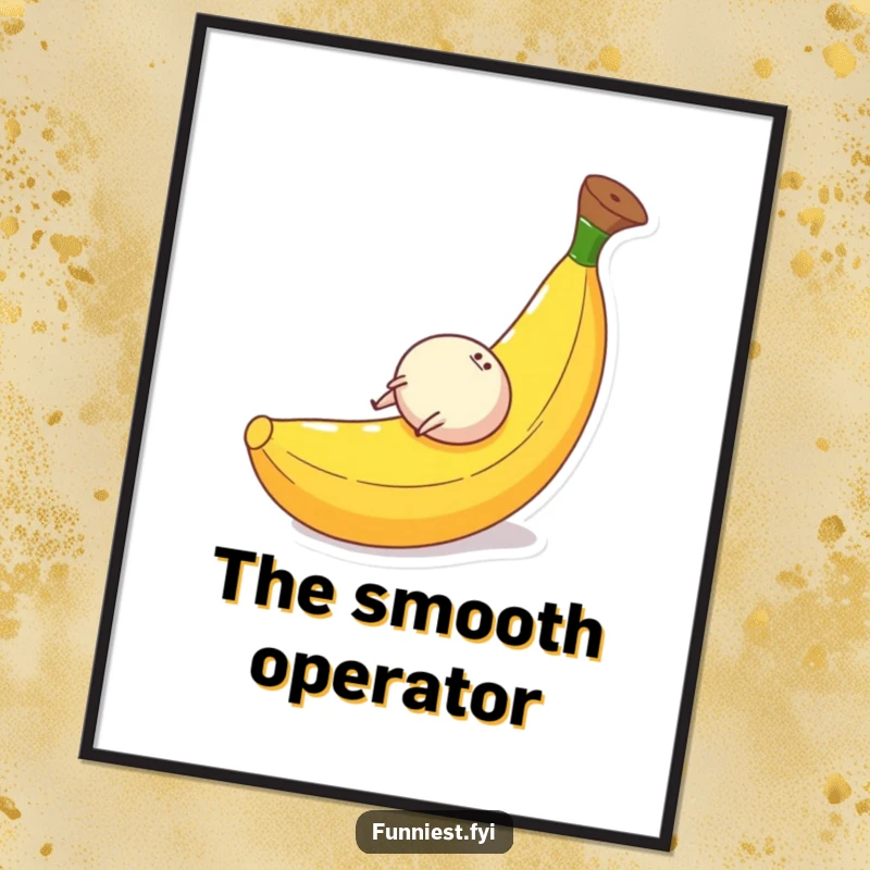 Funny digital art print of a small, round character with tiny legs gleefully rolling down a giant banana peel, capturing pure joy.