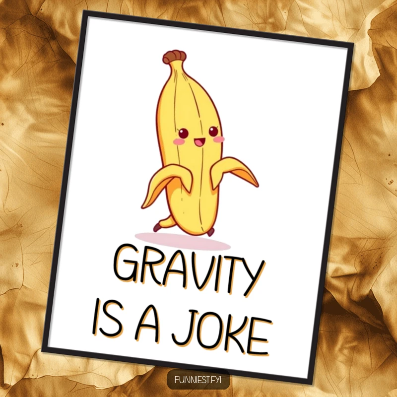 Funny digital art print of a banana peel character comically slipping and falling on its own peel, a classic, humorous gag.