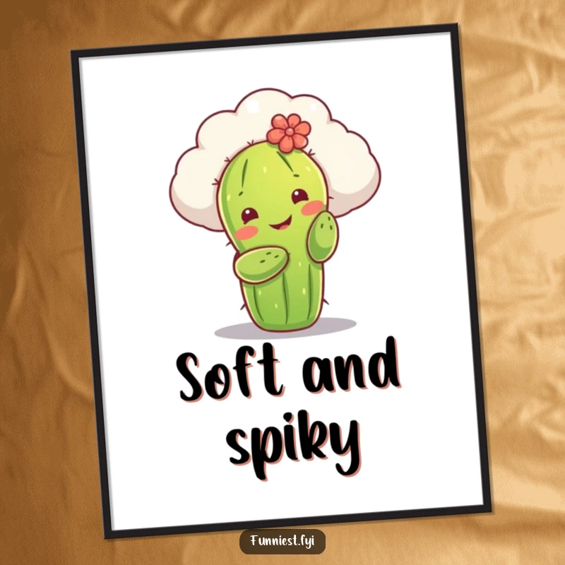 Funny digital art print of a smiling cactus character tenderly attempting to hug a fluffy cloud. Whimsical and heartwarming wall art.