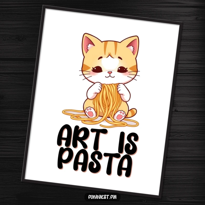 Funny cat digital art print of a puzzled cartoon cat attempting to knit spaghetti noodles, offering instant humorous decor.