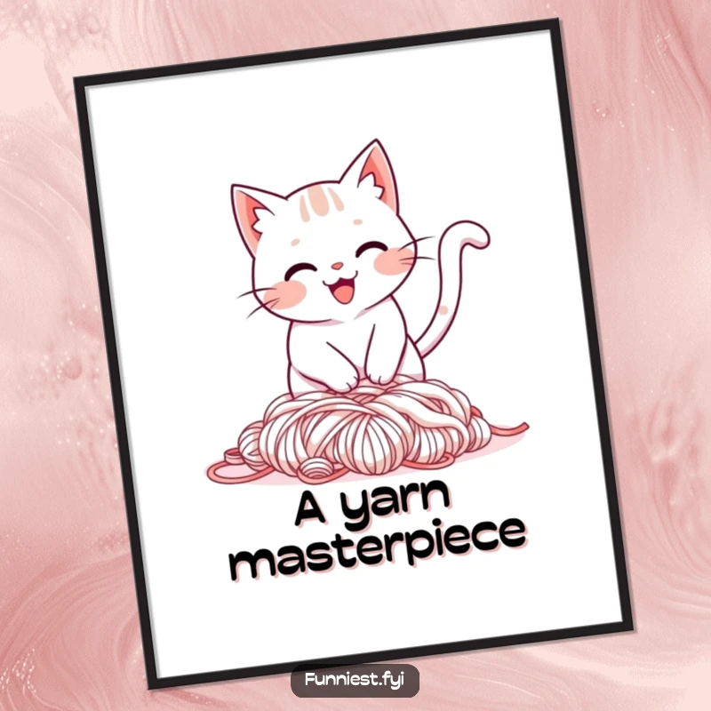Funny digital art print of a smiling cat character comically tripping over its tail and landing in a pile of yarn.