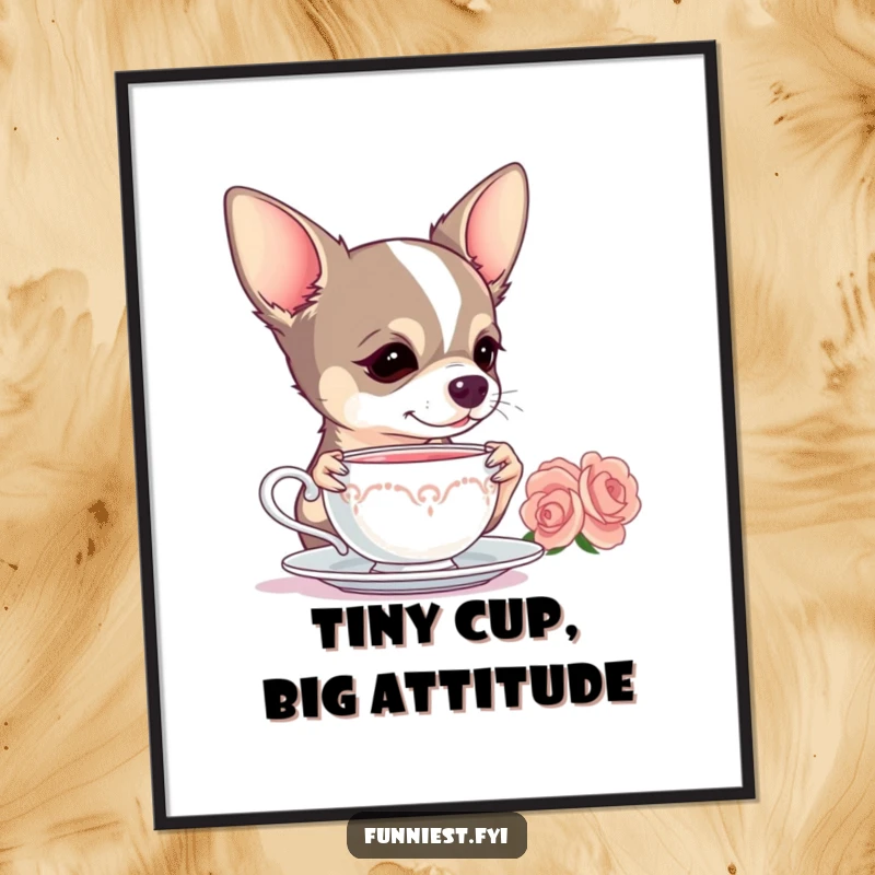 Funny Chihuahua digital art print, showing a dog dramatically sipping tea, perfect for instant, humorous wall decor.