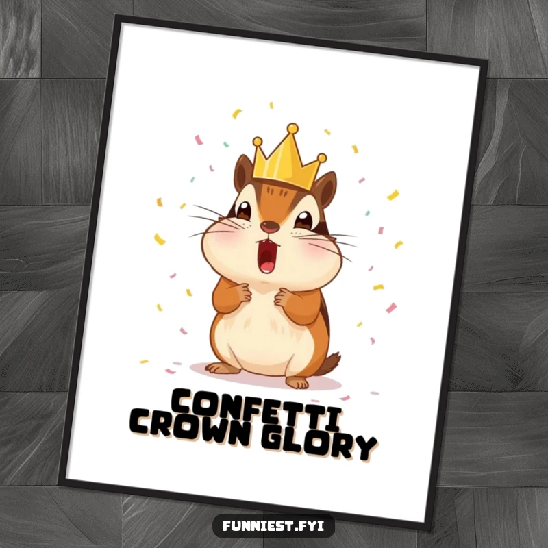 Funny surprised chipmunk wearing a tiny crown, showered with tiny confetti, a humorous and festive digital art print.