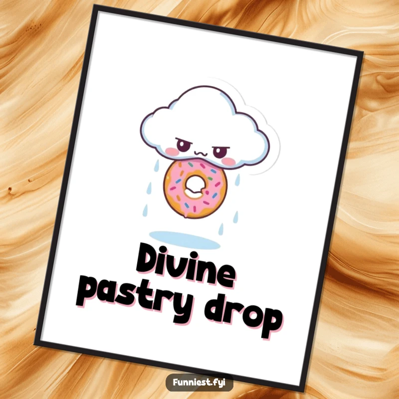 Funny digital art print of a grumpy cloud accidentally raining a single, perfect donut, cute wall decor.