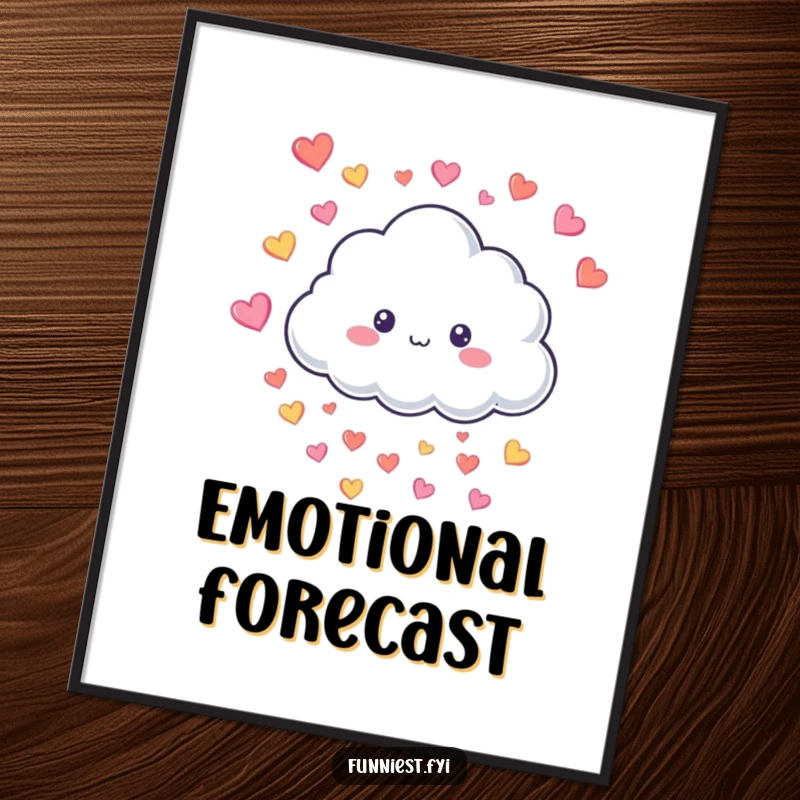 Funny Digital Art Print of a smiling fluffy cloud character raining tiny colorful hearts, offering instant joy and cheerful decor.