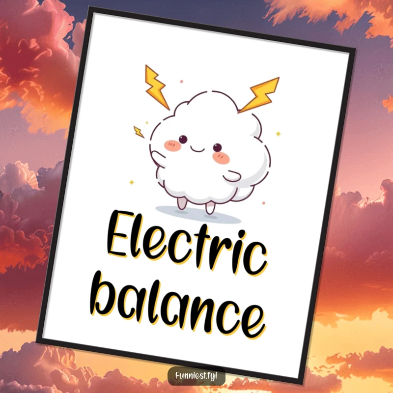 Funny juggling cloud digital art print of a fluffy cloud character happily juggling lightning bolts, perfect for instant energetic decor and gifts.