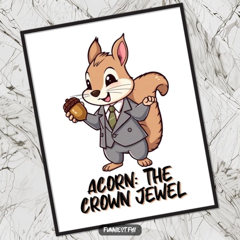 Funny Suit Squirrel Digital Art: Humorous printable art of a squirrel in a suit dramatically presenting an acorn like a valuable jewel, perfect for decor.