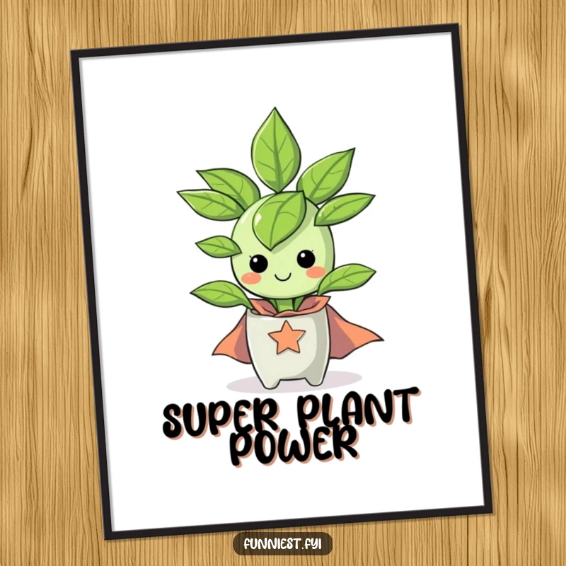Funny happy houseplant wearing a tiny superhero cape, available as a digital art print for instant humorous decor.