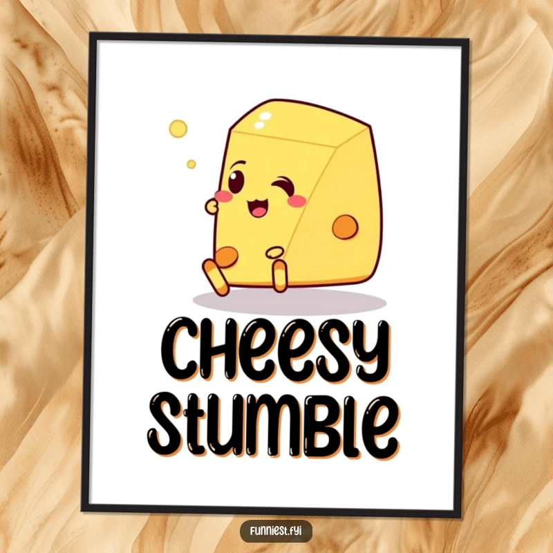 Funny Talking Cheese Pancake Digital Art: High-resolution print of a talking cheese wedge tripping over its feet, offering instant food humor.