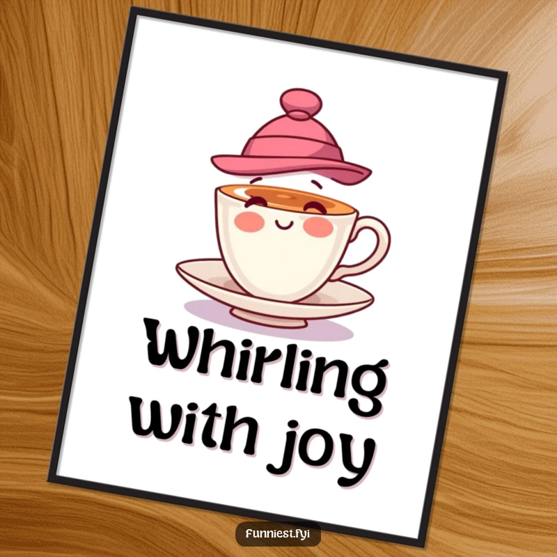 Funny digital art print of a playful teacup wearing a stylish hat and spinning, perfect for instant whimsical and elegant wall decor.