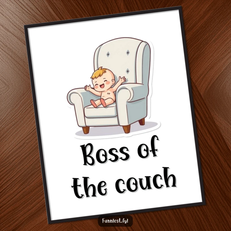 Funny Digital Art Print of a tiny person character happily wiggling inside a giant armchair, offering instant cozy and whimsical decor.